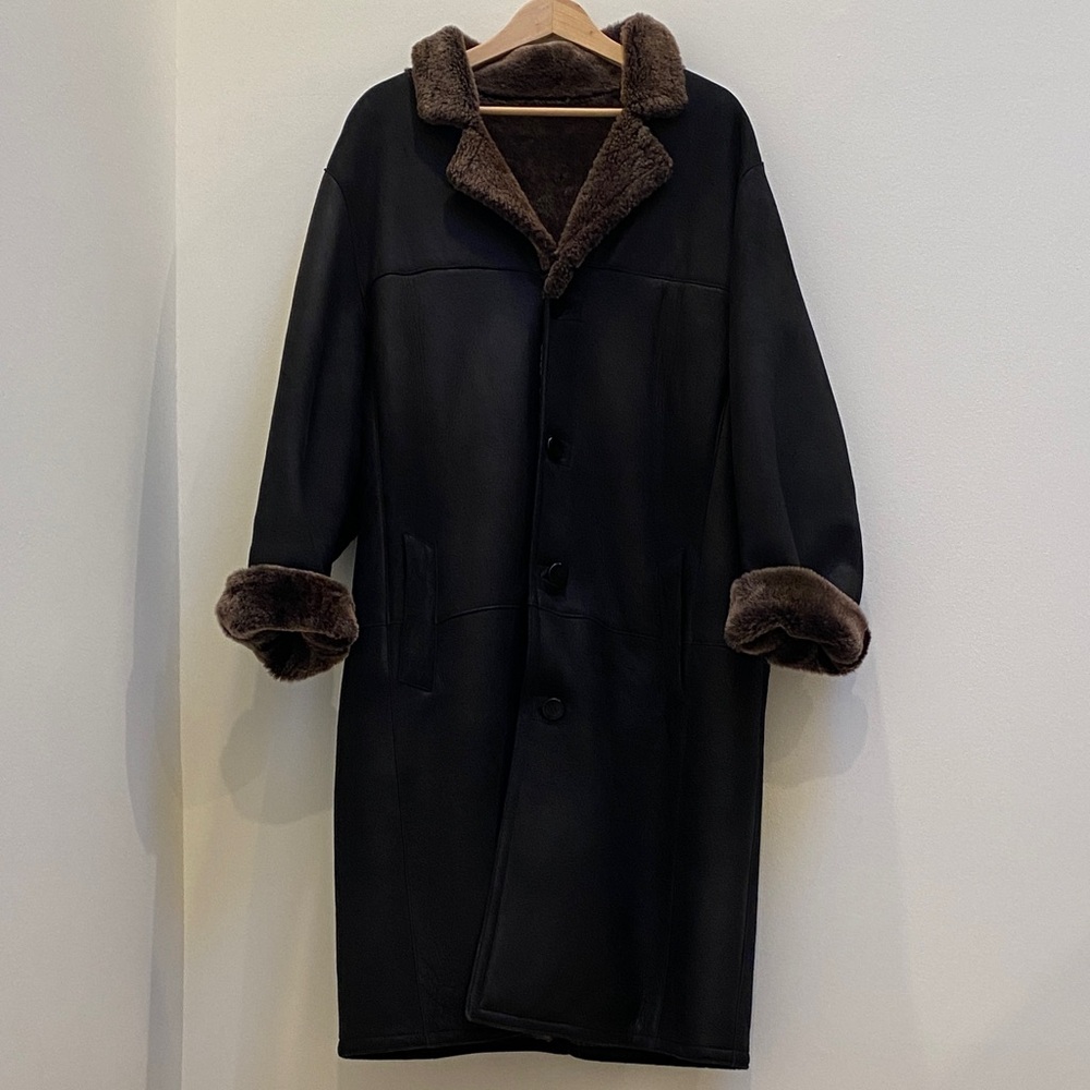Vintage Arte Pelle 💯 Sheepskin Shearling Long Black Leather Coat, Made in 🇨🇦!